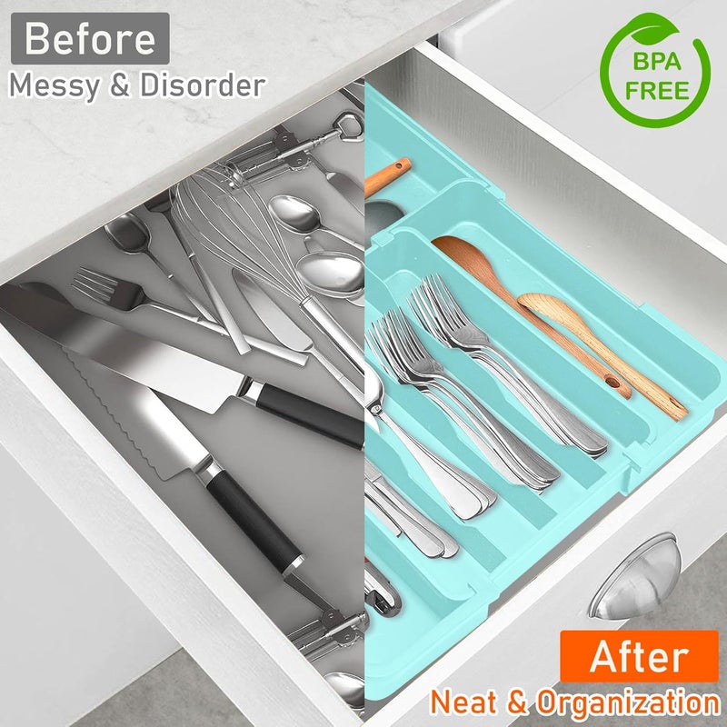 Spaclear Silverware Organizer - Expandable Silverware Drawer Organizer Adjustable Drawer Organizer, Silverware Tray for Drawer15.2"x 19" Cutlery Drawer Organizer, Kitchen Organizers Storage, Turquoise - Image 5